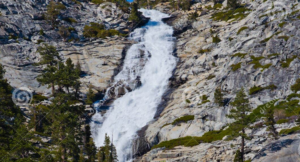 A waterfall cascades down a rocky mountainside surrounded by pine trees.