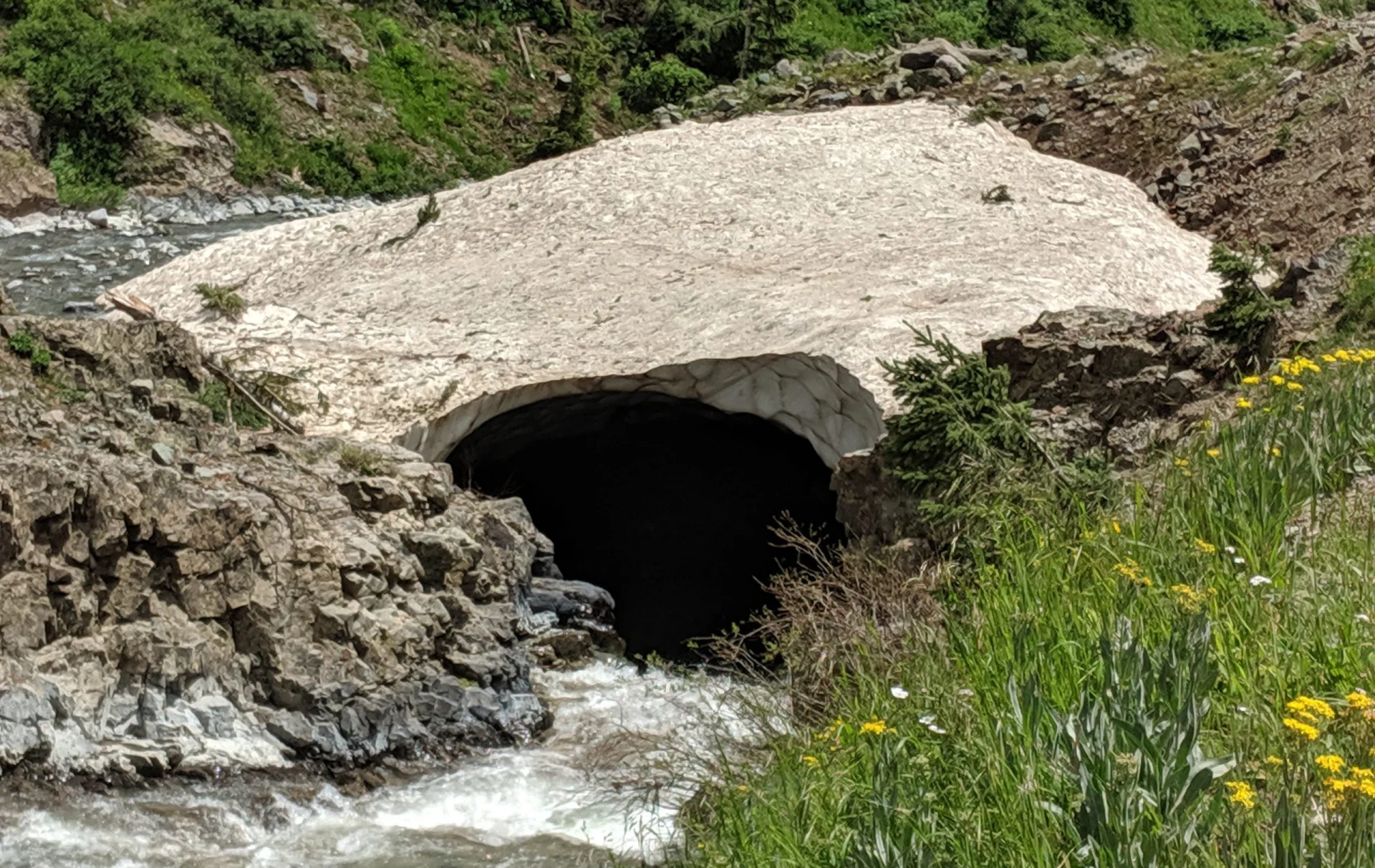 A river flows through a natural rock and snow formation, creating a tunnel-like structure surrounded by green vegetation.