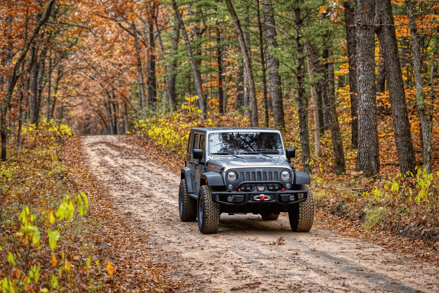 A gray Jeep Wrangler drives on a dirt road through a forest with autumn-colored leaves and tall trees.