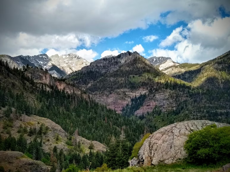 Mountain landscape with rocky peaks, dense pine forests, and a large boulder in the foreground under a partly cloudy sky.