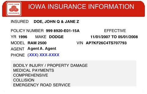Image of an Iowa insurance information card for a 1996 Dodge RAM 2500, showing policy details including insured names, policy number, effective dates, VIN, agent name, phone number, and coverage types. This could be vital when arranging rzr vehicle rentals in rugged terrains.